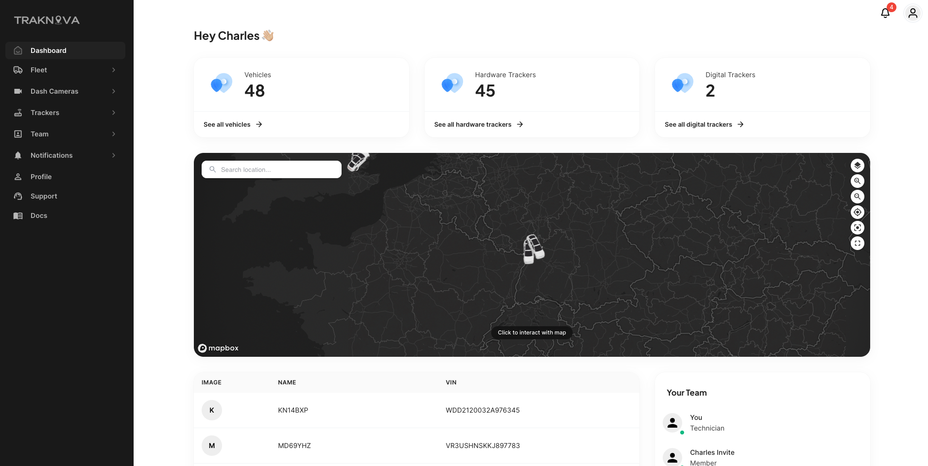 Traknova fleet dashboard showing live tracking, security and driver insights