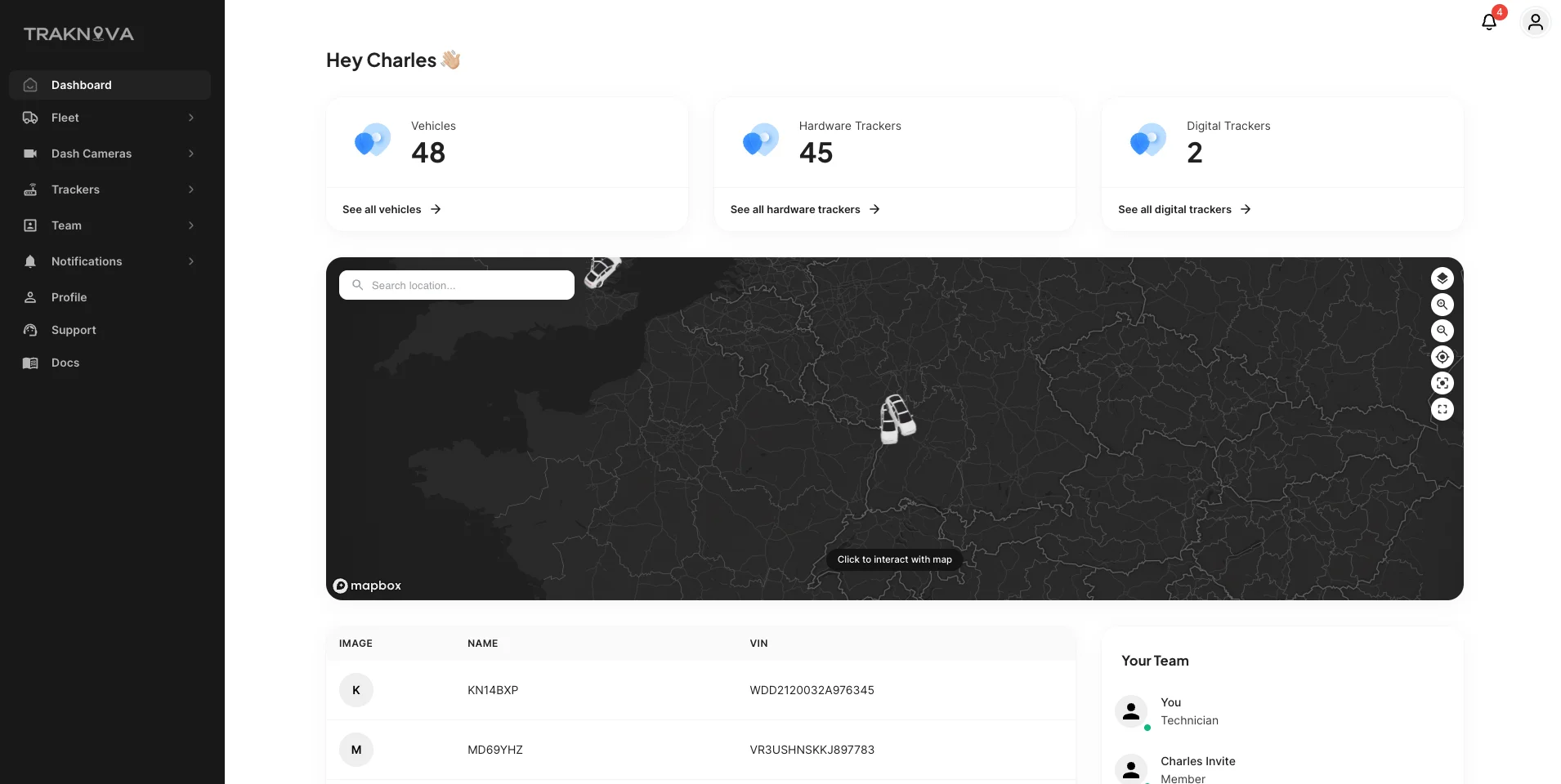 Traknova fleet dashboard showing live tracking, security and driver insights